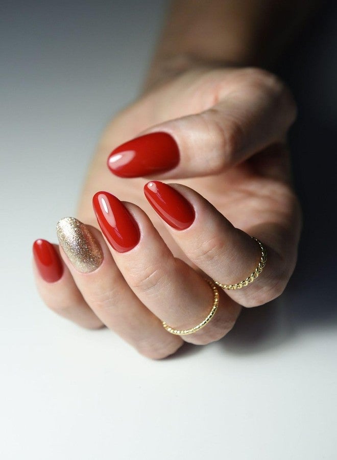 Sparkling Nailon Acrylic Red & Gold Press On Nails | 14 pcs Round Shape Designer Artificial Nail Extensions | Reusable Stick On Fake Nails for Women | Easy Apply Salon Style Manicure Kit - Image 1