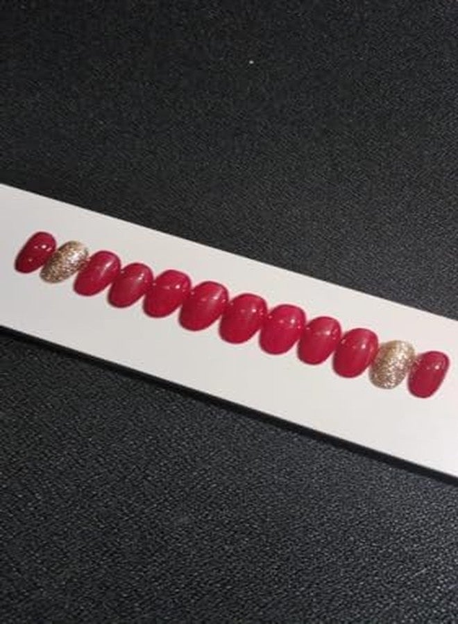 Sparkling Nailon Acrylic Red & Gold Press On Nails | 14 pcs Round Shape Designer Artificial Nail Extensions | Reusable Stick On Fake Nails for Women | Easy Apply Salon Style Manicure Kit - Image 3