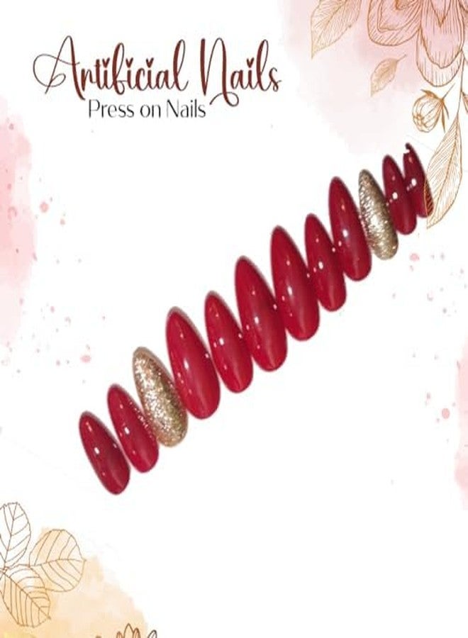 Sparkling Nailon Acrylic Red & Gold Press On Nails | 14 pcs Round Shape Designer Artificial Nail Extensions | Reusable Stick On Fake Nails for Women | Easy Apply Salon Style Manicure Kit - Image 2