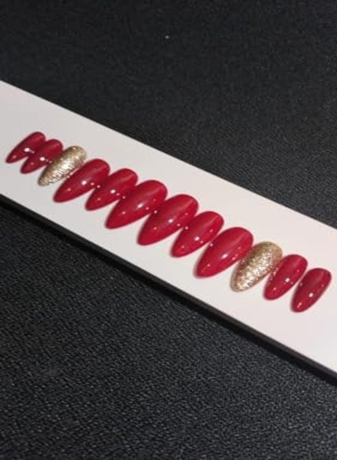Sparkling Nailon Acrylic Red & Gold Press On Nails | 14 pcs Round Shape Designer Artificial Nail Extensions | Reusable Stick On Fake Nails for Women | Easy Apply Salon Style Manicure Kit - Image 4