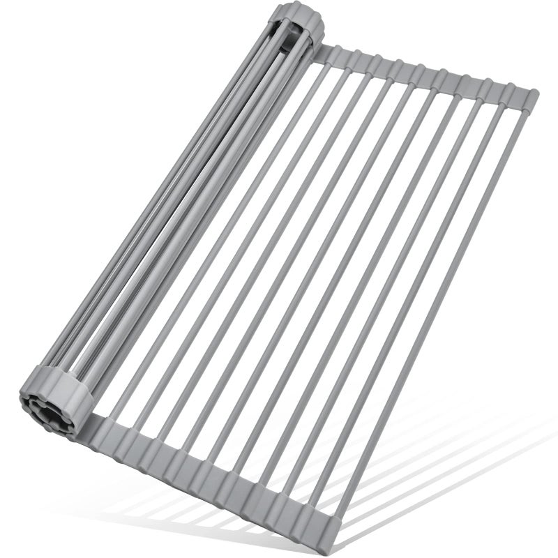 MERRYBOX Roll Up Over The Sink Dish Drying Rack Silicone Wrapped Foldable HeatResistant AntiSlip Sink Rack Multipurpose Dish Drainer for Kitchen Sink Counter  Grey 175 x 11