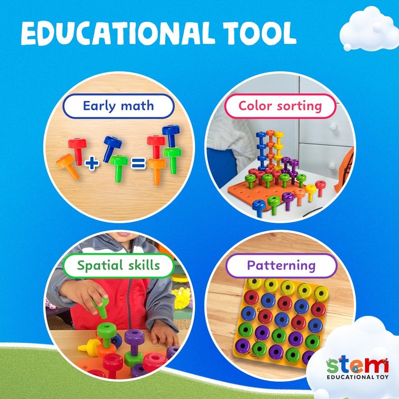 Skoolzy Peg Board Set - Montessori Toys for 2 Year Old - 33 Pc Plastic Peg Board for Kids - Occupational Therapy Toys with Pegs, Dice, Lacing String & Storage Bag - Image 4