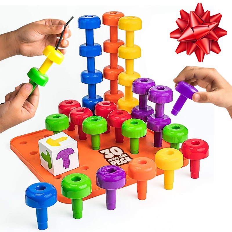 Skoolzy Peg Board Set - Montessori Toys for 2 Year Old - 33 Pc Plastic Peg Board for Kids - Occupational Therapy Toys with Pegs, Dice, Lacing String & Storage Bag - Image 1