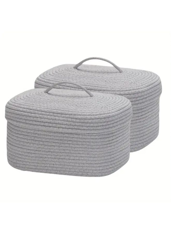 2 Piece Oval Rope Storage Basket With Lid Khaki Woven Lidded Storage Bin Living Room Tabletop Organizer Home Organization - Image 1