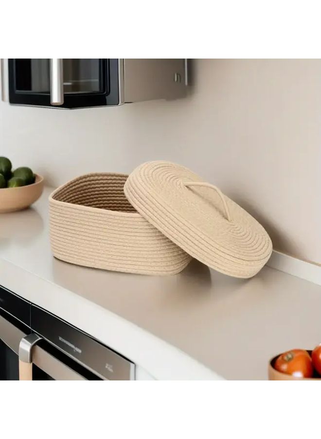 2 Piece Oval Rope Storage Basket With Lid Khaki Woven Lidded Storage Bin Living Room Tabletop Organizer Home Organization - Image 4