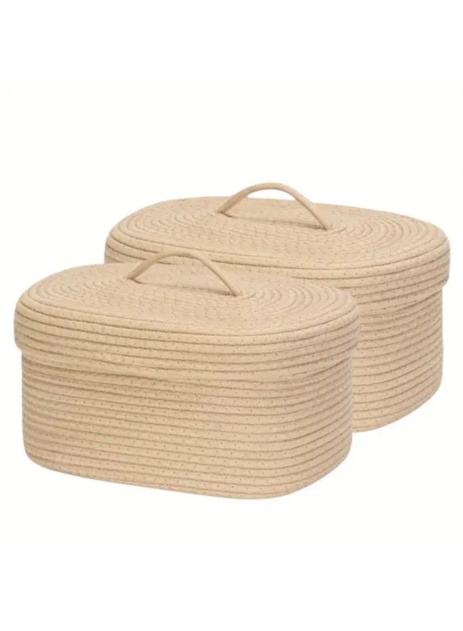 2 Piece Oval Rope Storage Basket With Lid Khaki Woven Lidded Storage Bin Living Room Tabletop Organizer Home Organization - Image 2