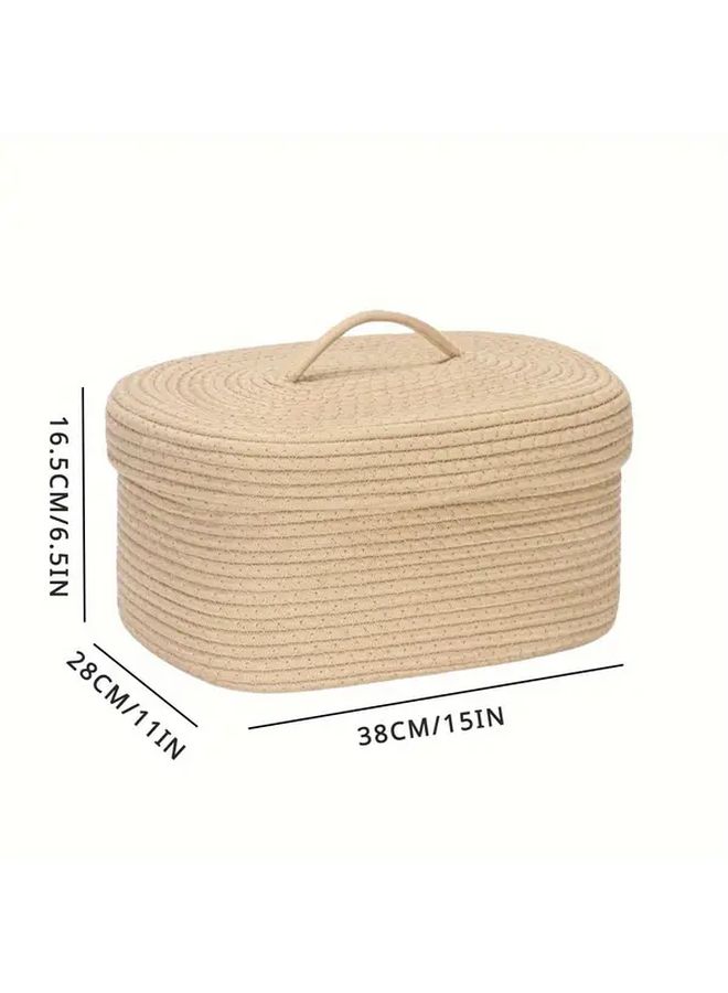 2 Piece Oval Rope Storage Basket With Lid Khaki Woven Lidded Storage Bin Living Room Tabletop Organizer Home Organization - Image 3