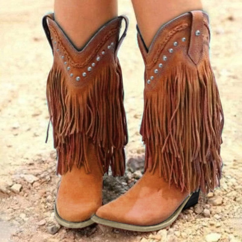 woobles Cowboy Boots for Women,Women Western Cowgirl Pointed Toe Mid-Calf Booties Ladies Fringe Chuncky Low Heels Slip On Boot Casual Walking Shoe (Brown, 10) - Image 2