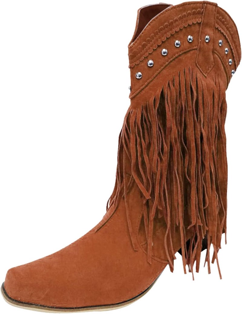 woobles Cowboy Boots for Women,Women Western Cowgirl Pointed Toe Mid-Calf Booties Ladies Fringe Chuncky Low Heels Slip On Boot Casual Walking Shoe (Brown, 10) - Image 1