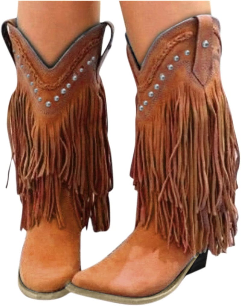 woobles Cowboy Boots for Women,Women Western Cowgirl Pointed Toe Mid-Calf Booties Ladies Fringe Chuncky Low Heels Slip On Boot Casual Walking Shoe (Brown, 10) - Image 3