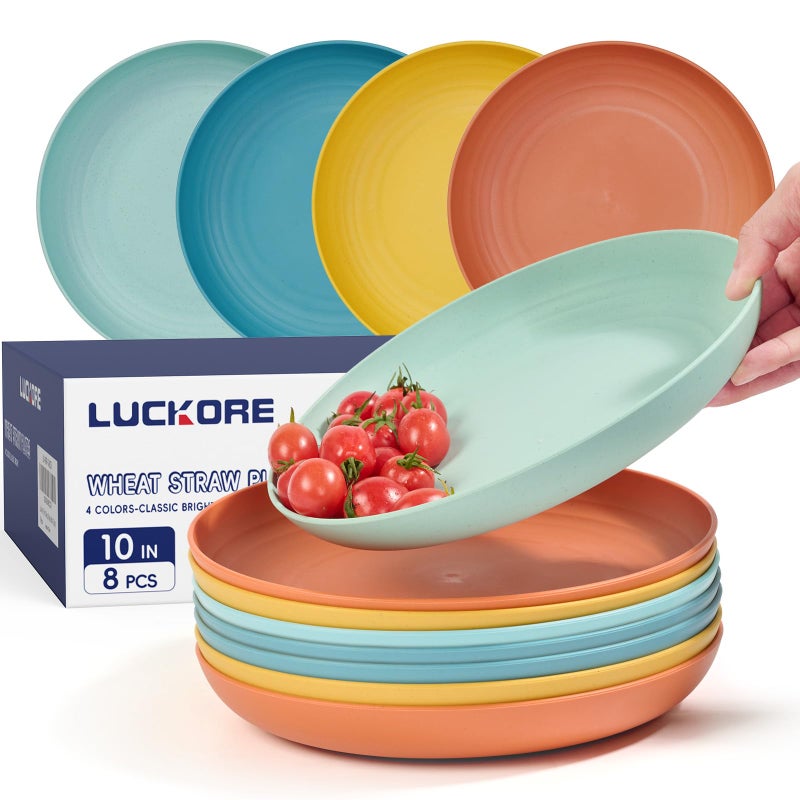 Luckore 10 inch Deep Dinner Plates Set of 8 Wheat Straw Plates, Unbreakable Dinner Dishes Alternative for Plastic Microwave and Dishwasher Safe for Kitchen with 4 Colors Classic Bright - Image 1