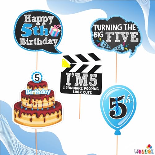 WOBBOX Fifth Birthday Photo Booth Party Props Blue for Baby Boy, 5th Birthday Decorations for Boys, Kids Birthday Party Decoration Items - Image 2