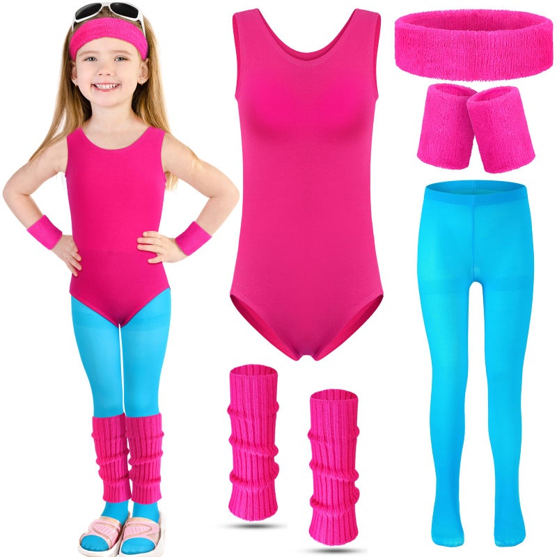 Giegxin Kids 80s Workout Costume Halloween Outfit Accessories Retro Neon Leotard Legging Headband Wristband Leg WarmersLargeRose Red Lake Blue - Image 3
