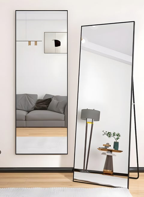 مرآة كبيرة بتصميم أنيق 155×45 سم - مرآة كاملة الطول بإطار معدني أسود وحامل خلفي - تصميمها الرائع مناسب لغرف المعيشة وغرف الملابس وغرف النوم