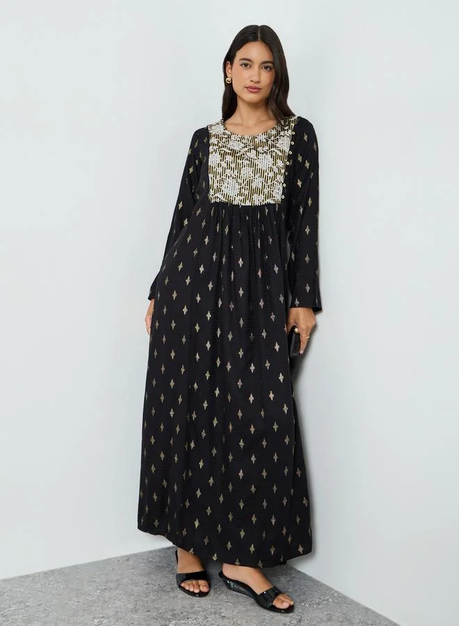Black Jacquard Long Sleeves Jalabiya