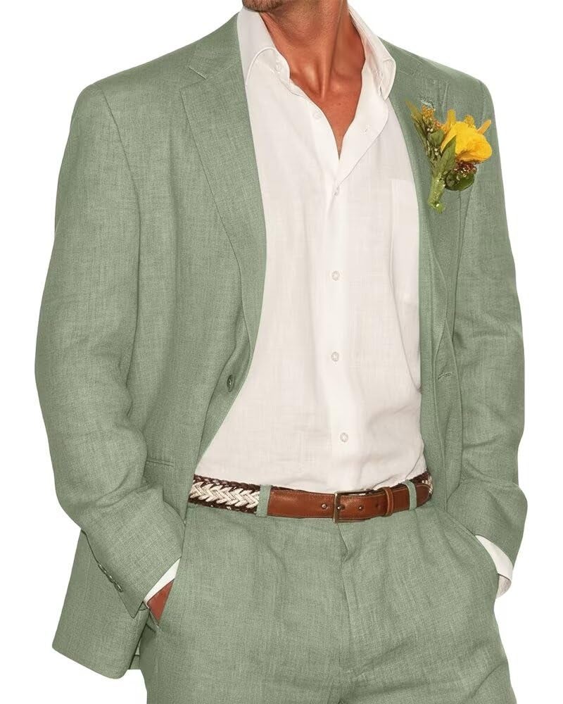 Bofan Mens Suit 2 Piece Linen Suits for Men Slim Fit Summer Light Green Suit for Beach Wedding Prom Party S - Image 1