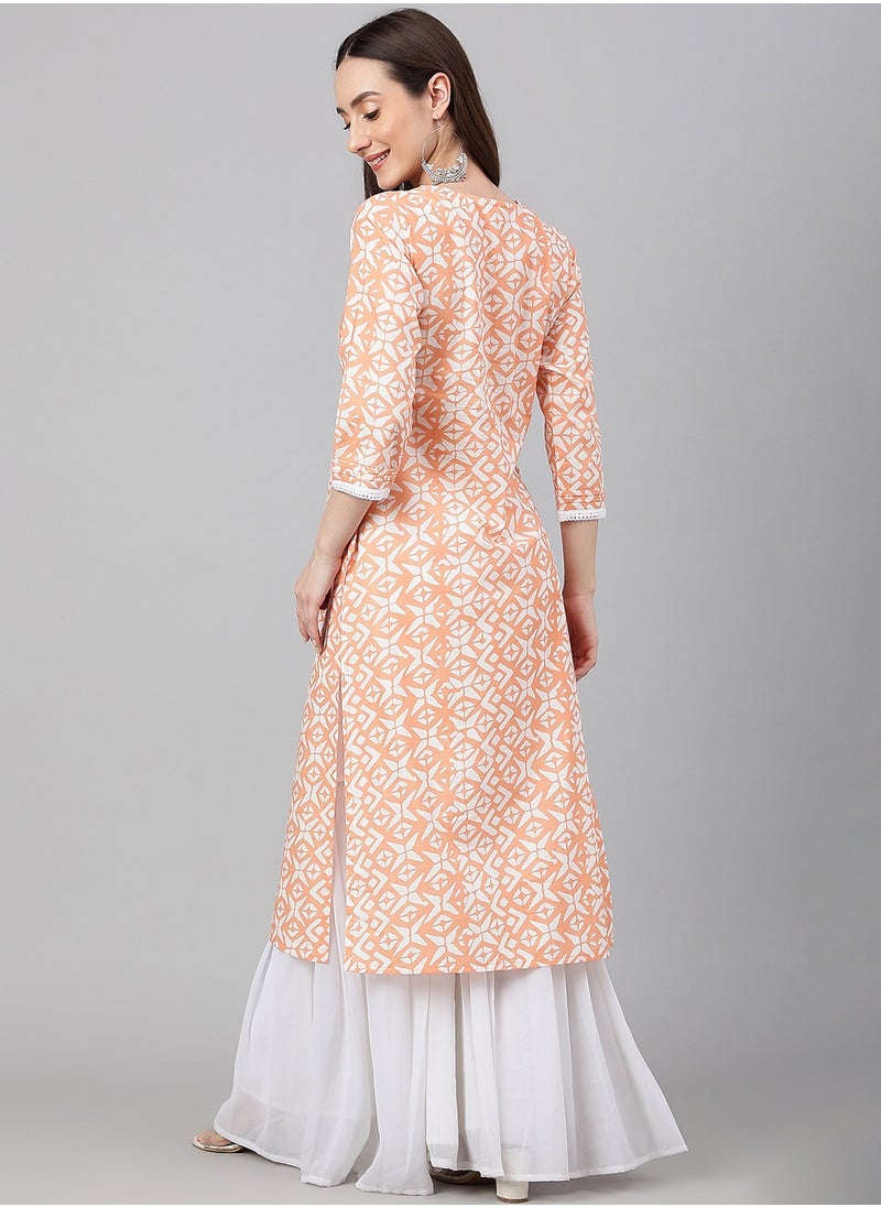 IndHeritage - IndHeritage - Pure cotton light orange cotton kurti with white embroidery on the chest area & white prints on the body - Image 1