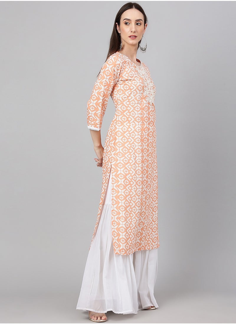 IndHeritage - IndHeritage - Pure cotton light orange cotton kurti with white embroidery on the chest area & white prints on the body - Image 1