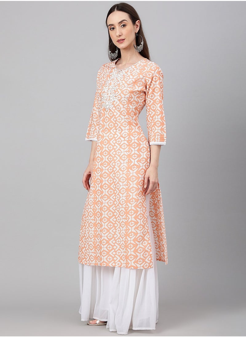 IndHeritage - IndHeritage - Pure cotton light orange cotton kurti with white embroidery on the chest area & white prints on the body - Image 1