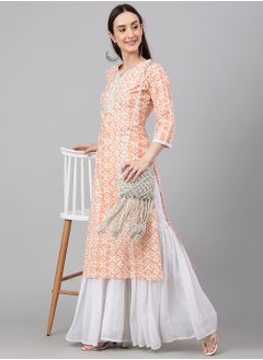 IndHeritage - Pure cotton light orange cotton kurti with white embroidery on the chest area & white prints on the body