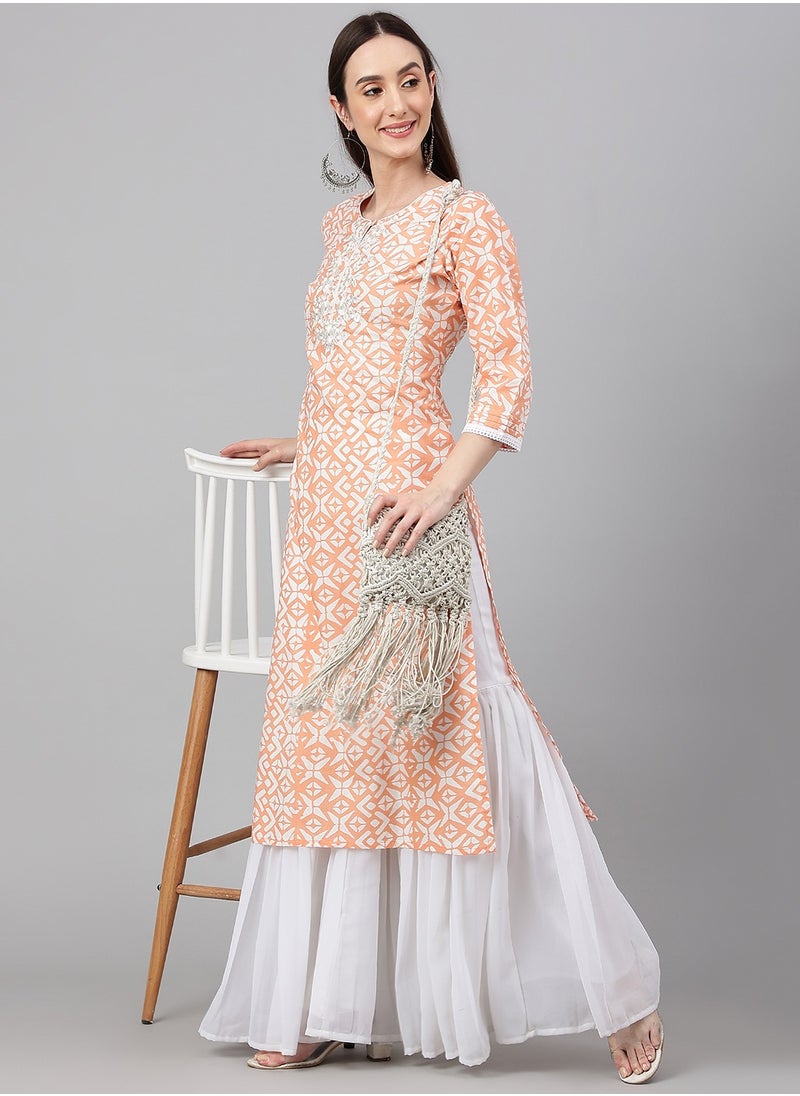 IndHeritage - IndHeritage - Pure cotton light orange cotton kurti with white embroidery on the chest area & white prints on the body - Image 1