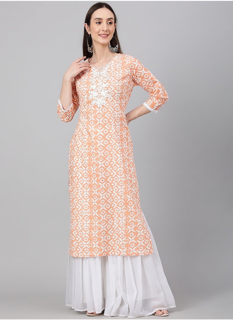 IndHeritage - IndHeritage - Pure cotton light orange cotton kurti with white embroidery on the chest area & white prints on the body - Image 1