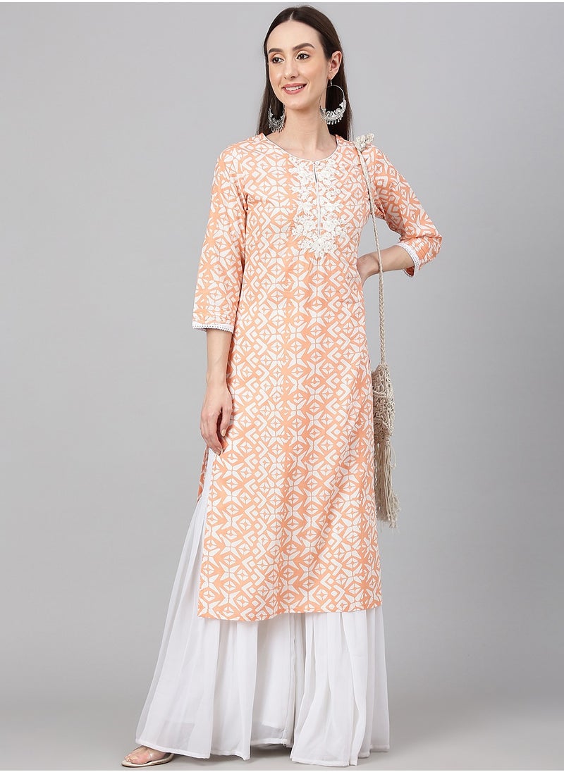 IndHeritage - IndHeritage - Pure cotton light orange cotton kurti with white embroidery on the chest area & white prints on the body - Image 1