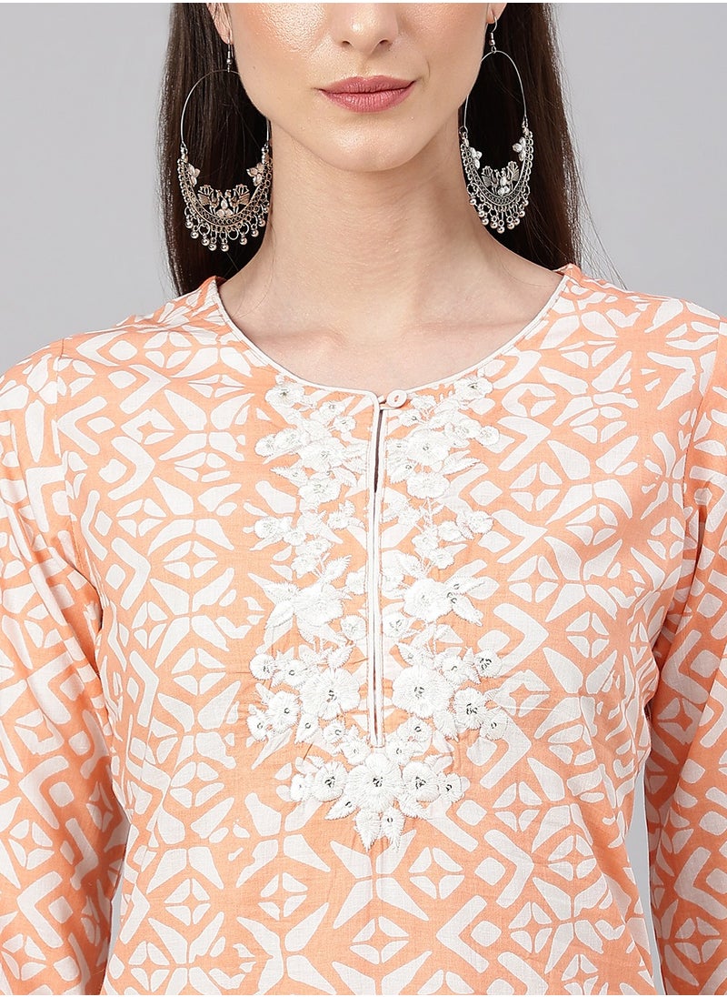 IndHeritage - IndHeritage - Pure cotton light orange cotton kurti with white embroidery on the chest area & white prints on the body - Image 1