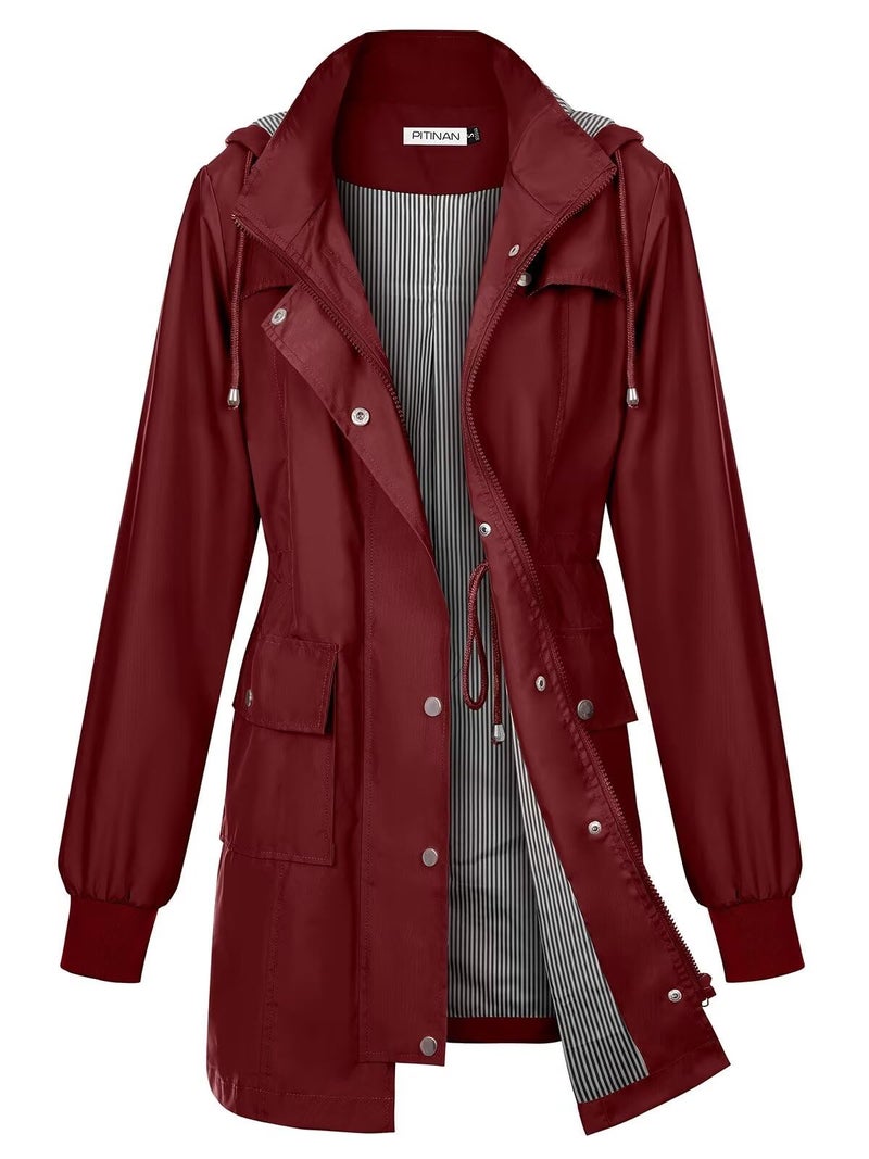 PITINAN Rain Jacket Womens Waterproof with Hood Rain Coats For Adults Women Lightweight Waterproof Rain Jacket For Women Wine Red XL - Image 1