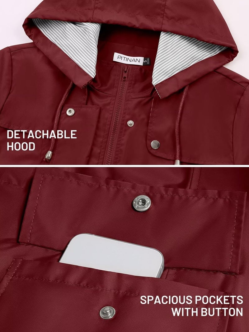 PITINAN Rain Jacket Womens Waterproof with Hood Rain Coats For Adults Women Lightweight Waterproof Rain Jacket For Women Wine Red XL - Image 4