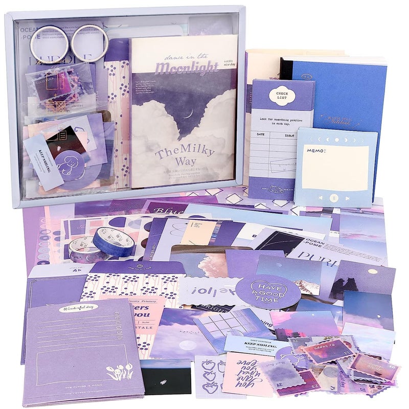 Hidak Hidak 346 Pcs Aesthetic Junk Journal Kit Notebook Stickers DIY Craft Set for Teens Boys Girls Creative Supplies for Daily Journaling Scrapbooking Letter from The Moon Purple Paper - Image 1