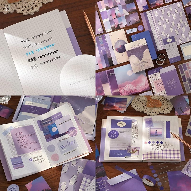 Hidak Hidak 346 Pcs Aesthetic Junk Journal Kit Notebook Stickers DIY Craft Set for Teens Boys Girls Creative Supplies for Daily Journaling Scrapbooking Letter from The Moon Purple Paper - Image 3