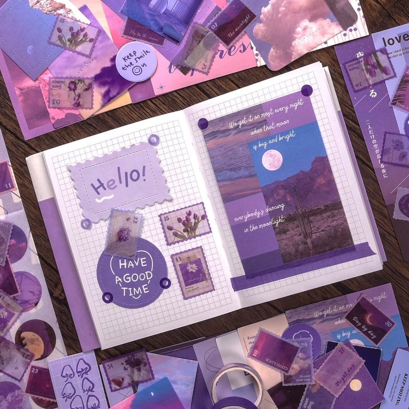 Hidak Hidak 346 Pcs Aesthetic Junk Journal Kit Notebook Stickers DIY Craft Set for Teens Boys Girls Creative Supplies for Daily Journaling Scrapbooking Letter from The Moon Purple Paper - Image 4