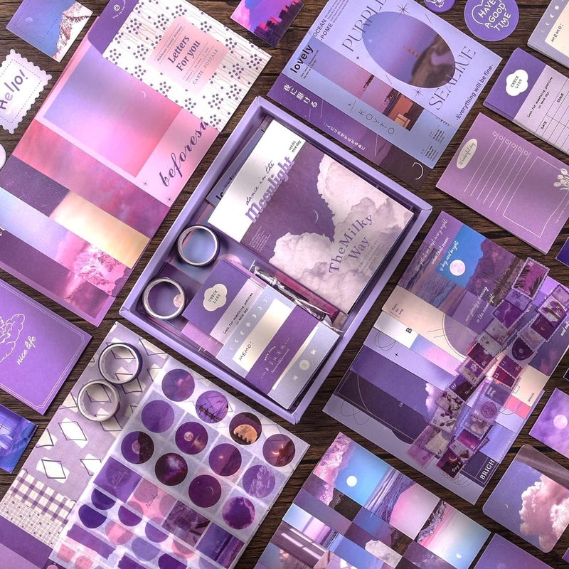 Hidak Hidak 346 Pcs Aesthetic Junk Journal Kit Notebook Stickers DIY Craft Set for Teens Boys Girls Creative Supplies for Daily Journaling Scrapbooking Letter from The Moon Purple Paper - Image 5