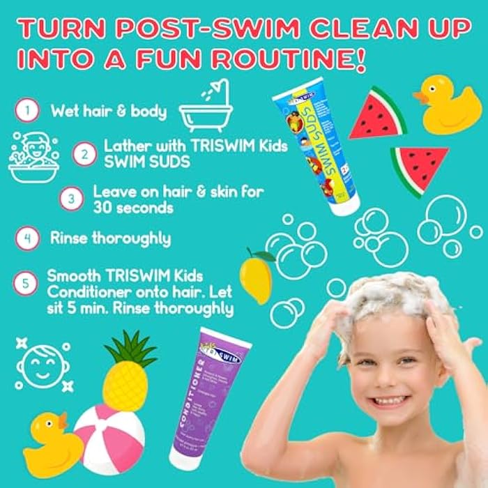 TRISWIM Kids Swim Suds & Conditioner Set 8.5 fl oz each | Natural Tear-Free 2-in-1 Shampoo Chlorine Removal & Body Wash with Detangler - Gentle Hair and Skin Care Solution for Active Kids - Image 3