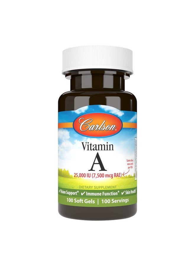 كارلسون - فيتامين أ، 25000 وحدة دولية (7500 ميكروجرام RAE)، صحة الرؤية والجلد، وظيفة المناعة، 100 كبسولة هلامية ناعمة - Image 1