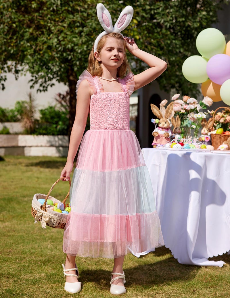 Arshiner Girls Summer Midi Dress Casual Smocked Ruffle Tulle Flowy Party Wedding Guest Dresses Multi Color 12 - Image 5