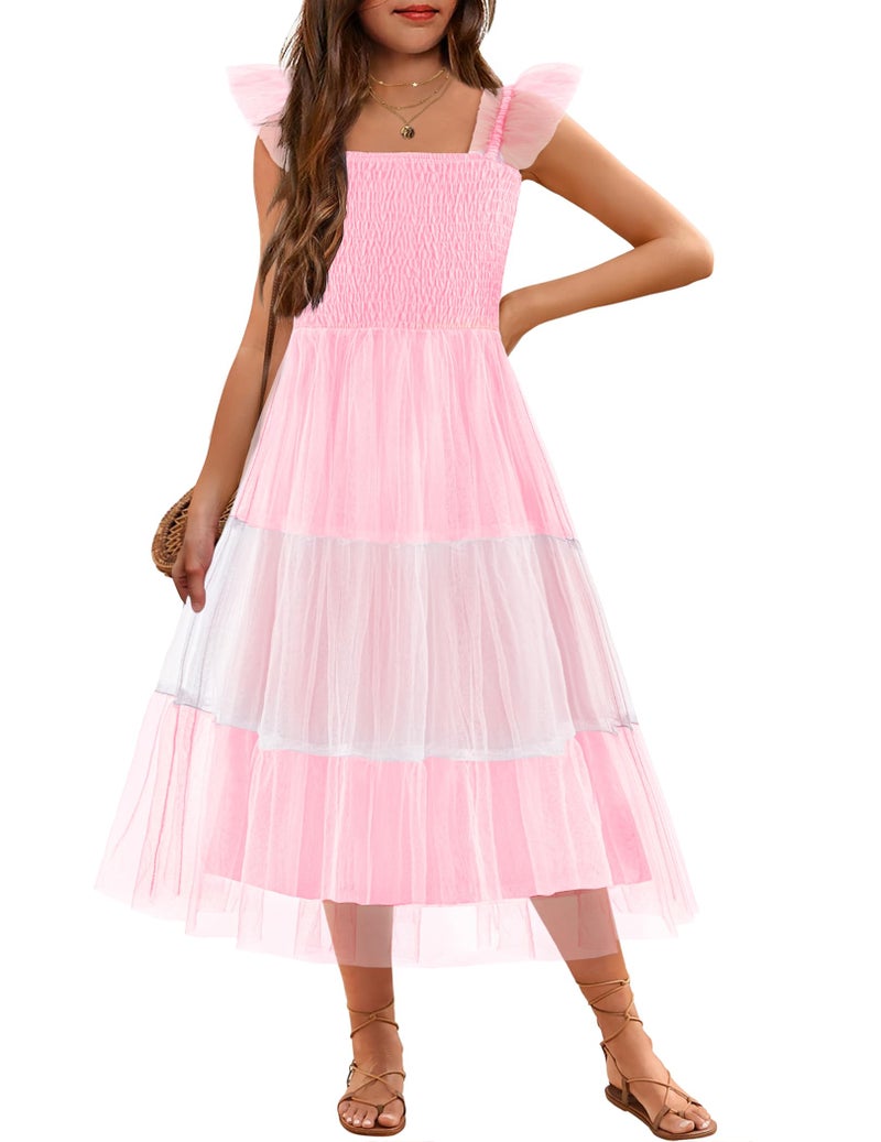 Arshiner Girls Summer Midi Dress Casual Smocked Ruffle Tulle Flowy Party Wedding Guest Dresses Multi Color 12 - Image 1