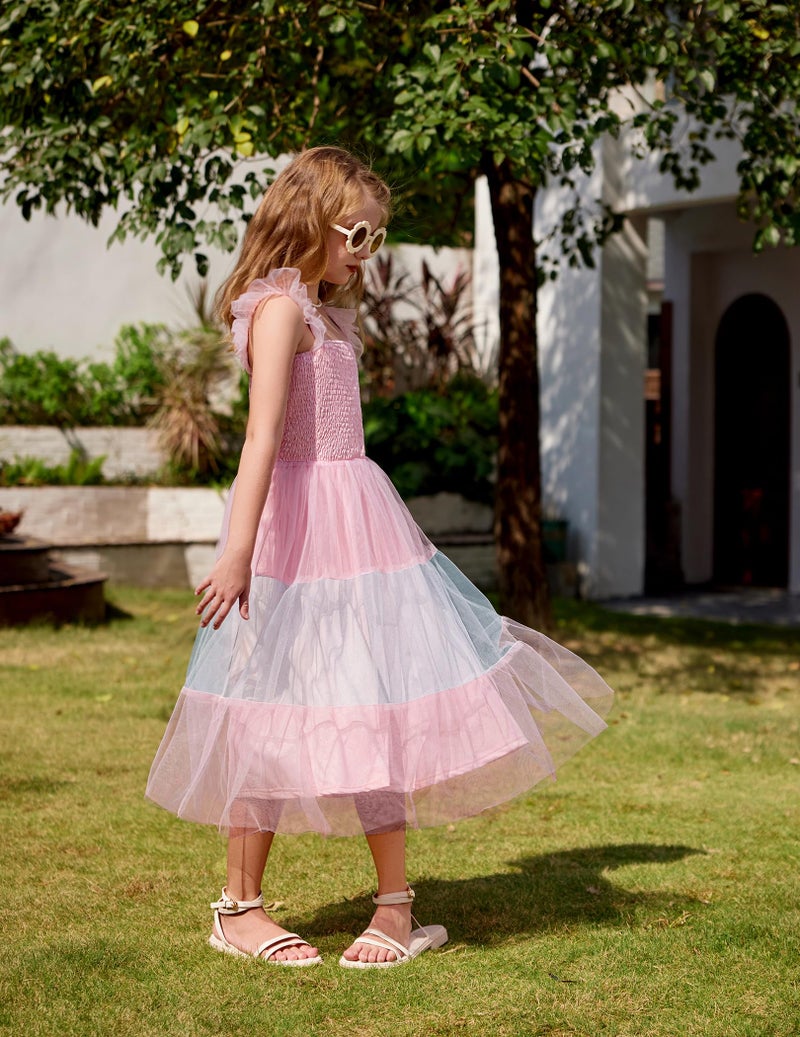 Arshiner Girls Summer Midi Dress Casual Smocked Ruffle Tulle Flowy Party Wedding Guest Dresses Multi Color 12 - Image 3