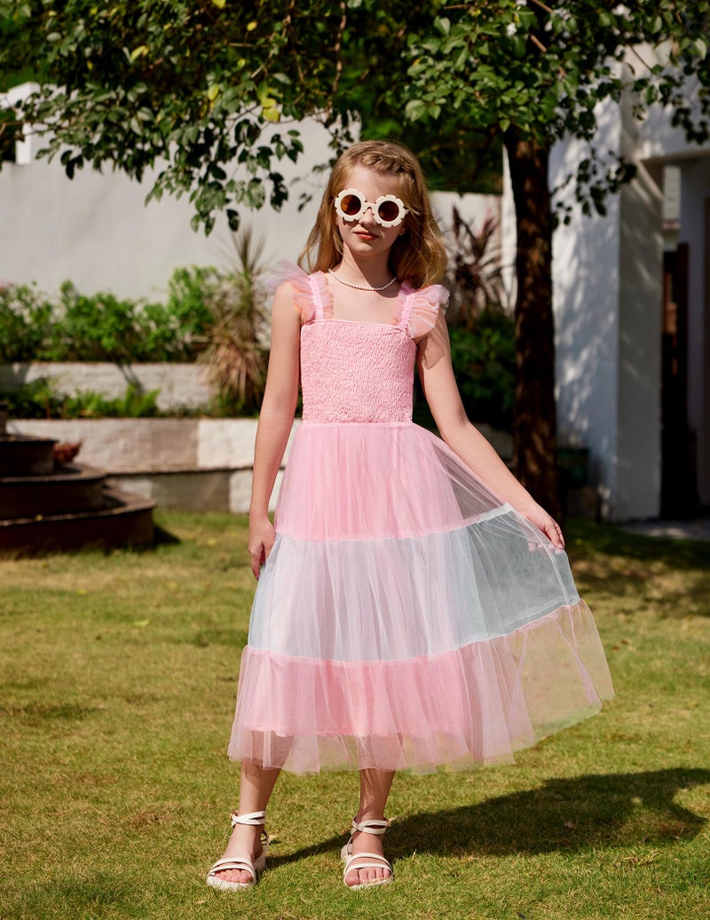 Arshiner Girls Summer Midi Dress Casual Smocked Ruffle Tulle Flowy Party Wedding Guest Dresses Multi Color 12 - Image 2
