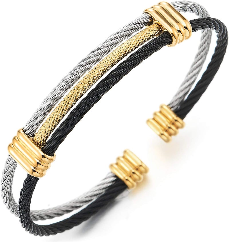 COOLSTEELANDBEYOND Men Women Stainless Steel Twisted Cable Adjustable Cuff Bangle Bracelet - Image 1
