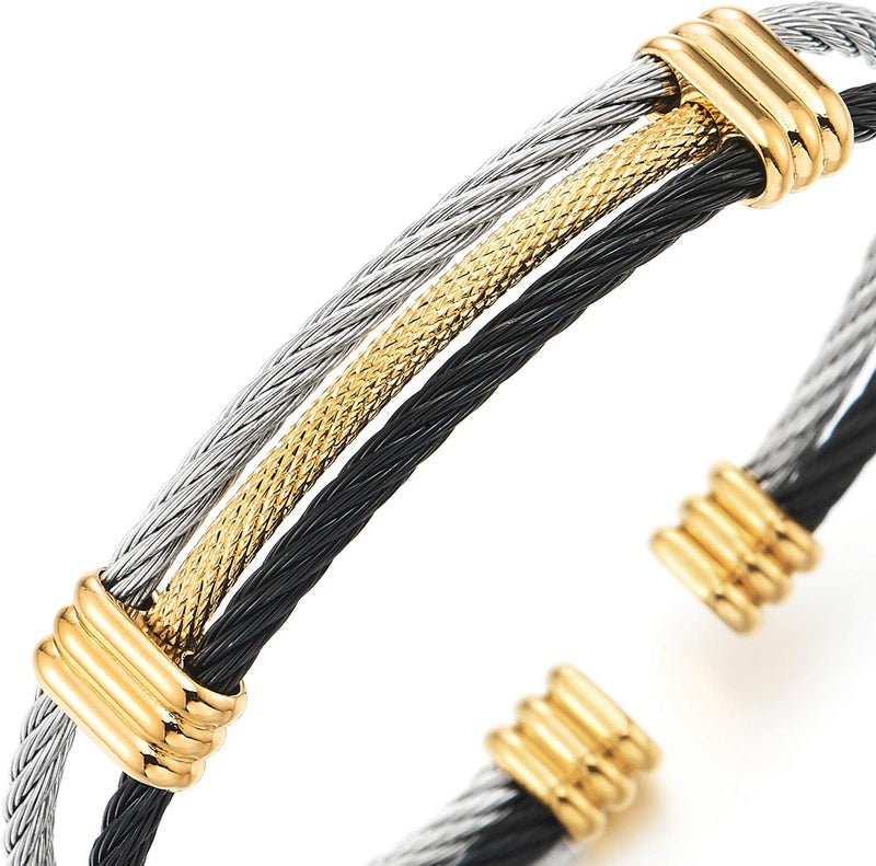 COOLSTEELANDBEYOND Men Women Stainless Steel Twisted Cable Adjustable Cuff Bangle Bracelet - Image 2
