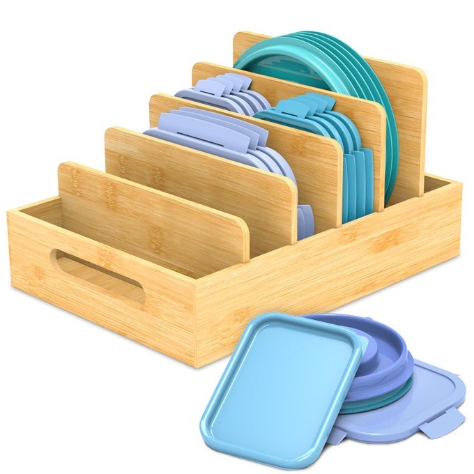 BAMBOO FOOD CONTAINER LID ORGANIZER WITH ADJUSTABLE DIVIDERS FOR CABINET LID ORGANIZER FOR PLASTIC LIDS AND COVERS KITCHEN STORAGE AND ORGANIZATION
