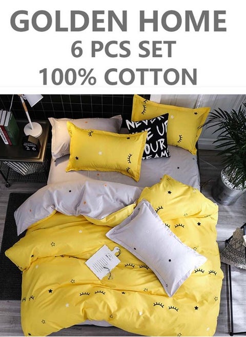 6-Piece Single Size Cotton Printed Combination Duvet Cover Set Includes 1xFitted Bedsheet 120x200+30cm, 1xDuvet/Bed Cover 160x210 cm, 2xPillowcase 55x80cm, 2xCushion Case 45x70cm Multicolour