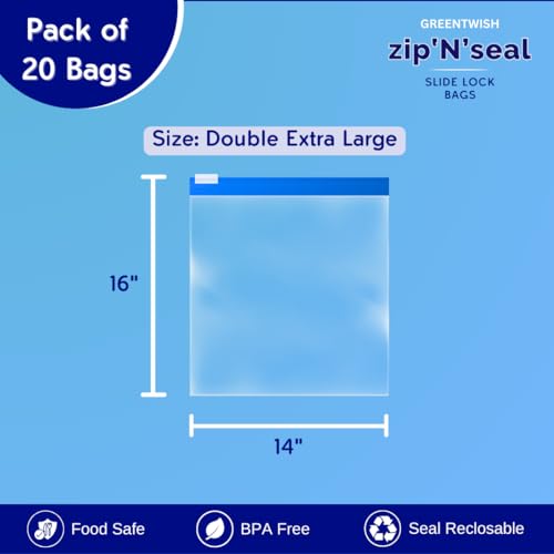 GREENTWISH Zip 'N' Seal (Pack of 20) Slider Zip Lock Bag for Food Storage, Freezer/Microwave Safe, LDPE Transparent Zipper Bag, Vegetable Bags For Fridge Storage | Double Extra Large (14 x 16 Inch) - Image 2