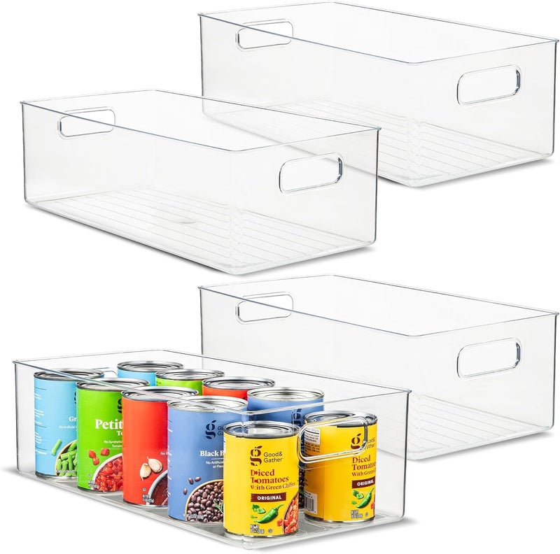 PrimeBox Plastic Food Storage 4 Pack Clear Container Bin with Handles for Organizing Kitchen, Pantry, Refrigerator, Freezer, Pantry, Cabinet, Closet, Bathroom. 14”x8”x5” - Image 1