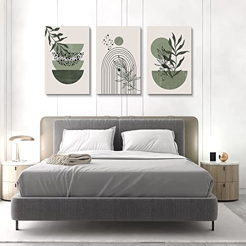 YongArt Sage Green Wall Posters & Prints, Green Boho Wall Art Set of 3, Minimalist Framed Wall Art Geometric Line Leaf Sun Moon Beige Green Canvas Artwork Paintings - Image 2