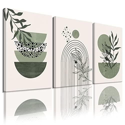 YongArt Sage Green Wall Posters & Prints, Green Boho Wall Art Set of 3, Minimalist Framed Wall Art Geometric Line Leaf Sun Moon Beige Green Canvas Artwork Paintings - Image 1