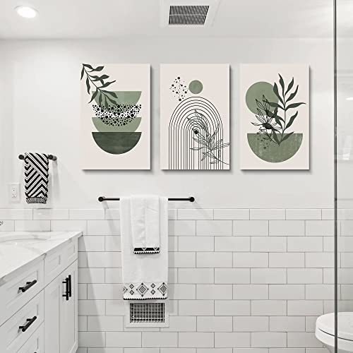 YongArt Sage Green Wall Posters & Prints, Green Boho Wall Art Set of 3, Minimalist Framed Wall Art Geometric Line Leaf Sun Moon Beige Green Canvas Artwork Paintings - Image 4
