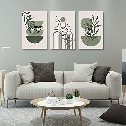 YongArt Sage Green Wall Posters & Prints, Green Boho Wall Art Set of 3, Minimalist Framed Wall Art Geometric Line Leaf Sun Moon Beige Green Canvas Artwork Paintings - Image 3